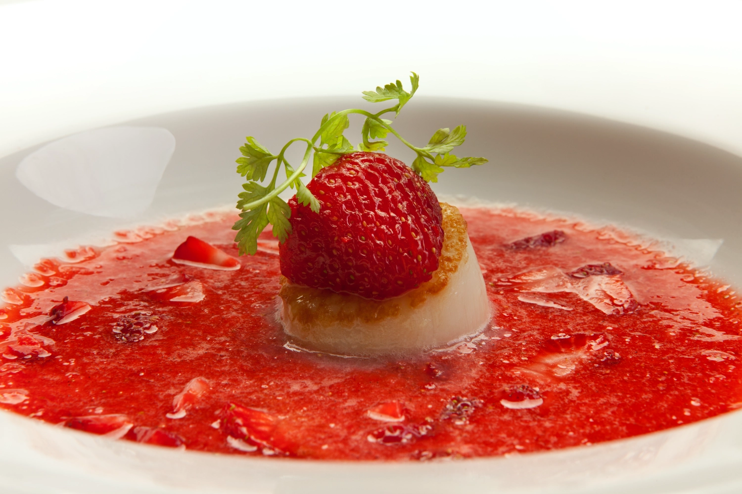 Strawberry Champagne soup with pan fried diver scallops