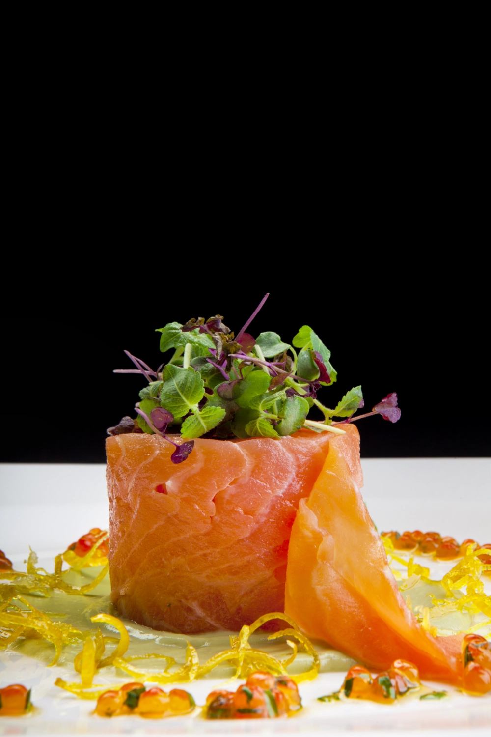 Roulade of Scottish salmon with avocado mouse,lemon varbina and chiso salad by Sandy Bohm